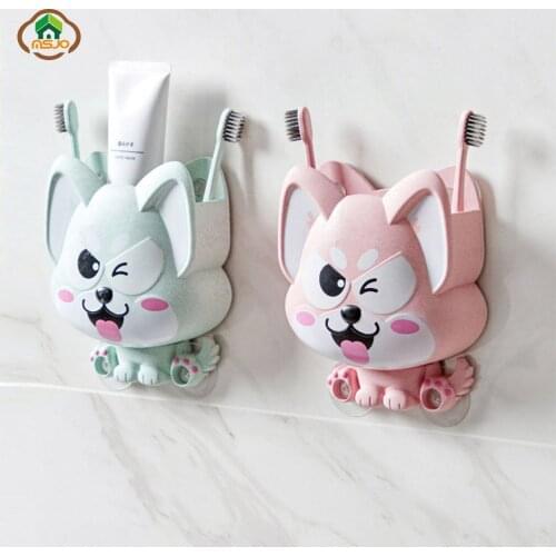 MSJO Children ToothBrush Holders Set Kids Suction Dog Wall Container For 2Pcs Toothbrush Cute Plastic Bathroom Toothpaste Holder