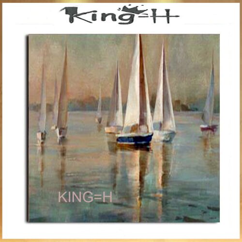 Hand-painted round seascape ink wall ship oil painting blue wave sea wall decoration oil painting murals home modern decoration