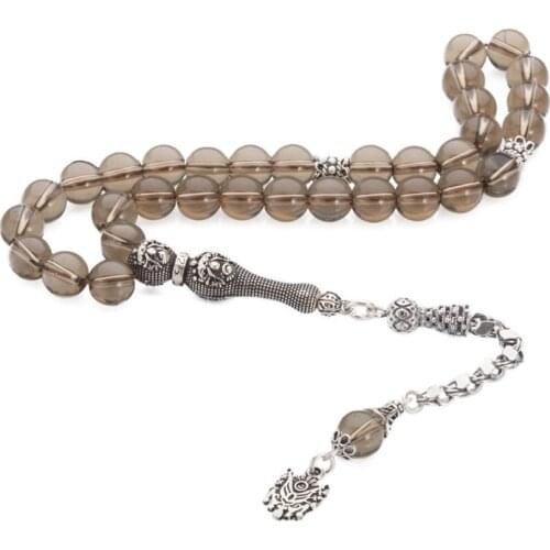 Silver Brown Quartz Gemstone Prayer Rosary Men Sphere Cut Rosary With Silver Tassel Turkish Tasbih Ottoman Coat of Arms Tassel