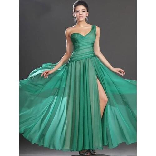 Green Evening Dresses A-line One-shoulder Chiffon Slit Sexy Long Dubai Saudi Arabic Evening Gown Prom Dresses