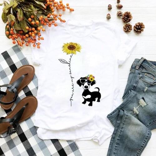 Sunflower Dog Printing Funny T-shirts Women Clothes Harajuku Tumblr Graphic Cute Tops Summer Crew Neck T Shirt Streetwear