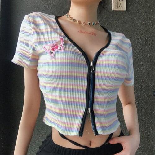Trendy Rainbow Stripe T-shirt Female Butterfly Embroidery Short Sleeve V-neck Double Head Zipper Wild Sweet Crop Top Slim Shirt