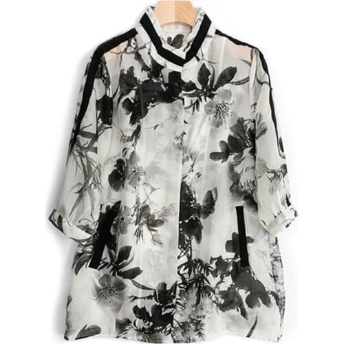 High grade 100%silk spliced women vintage ink paint printed shirt stand collar three quarter sleeve single breasted white M/L