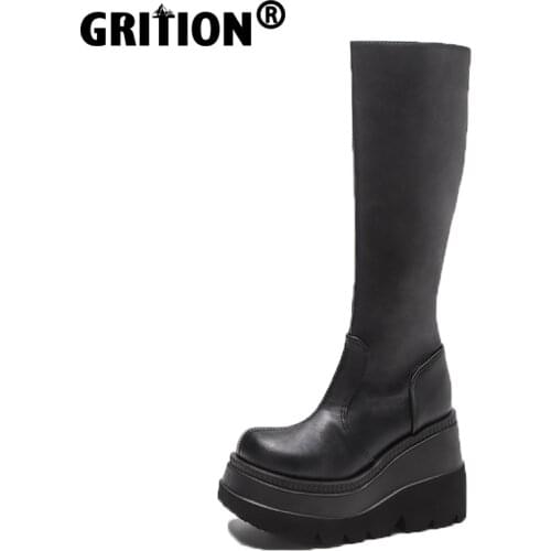 GRITION Women Gothic Platform Boots Chunky Wedges PU Leather Shoes Fashion Flat Thick High Heels Non Slip 2021 New Sexy Lolita