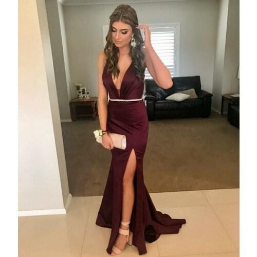Elegant Long Burgundy Mermaid Prom Dresses with Slit Spaghetti Criss Cross Back Robe De Soiree Satin Formal Party Gown