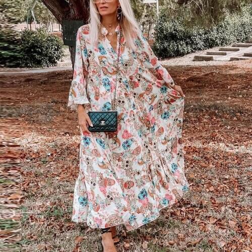 Autumn Spring Sexy V Neck Loose Women Party Dress Fashion Vintage Pattern Printed Long Dress Casual Long Sleeve Boho Maxi Dress