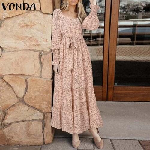 VONDA Women Long Sleeve Dress Sexy Belted Vintage Floral Printed Maxi Dresses Party Pleated Bohemian Vestidos Loose Beach Robe