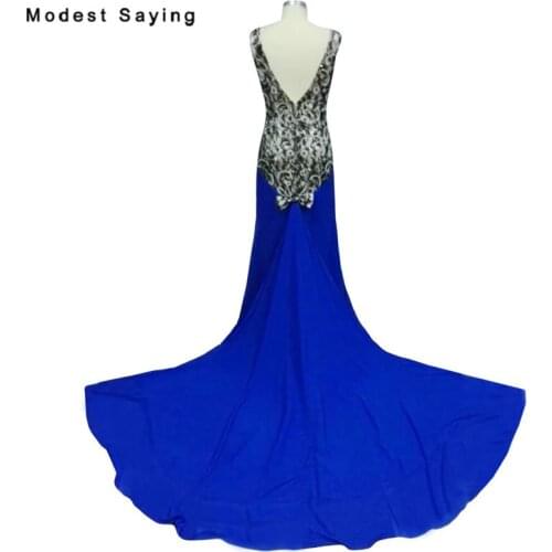 Real Photo Sexy Big Tail Blue Beaded Lace Evening Dresses 2018 with Plunging Back Mermaid Long Party Prom Gowns vestido de festa