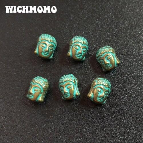 10pcs/lot 10MM Antique Patina Zinc Alloy Green Buddha Head Charms Beads Fit for Bracelet Necklace Crafts Making DIY Accessaries