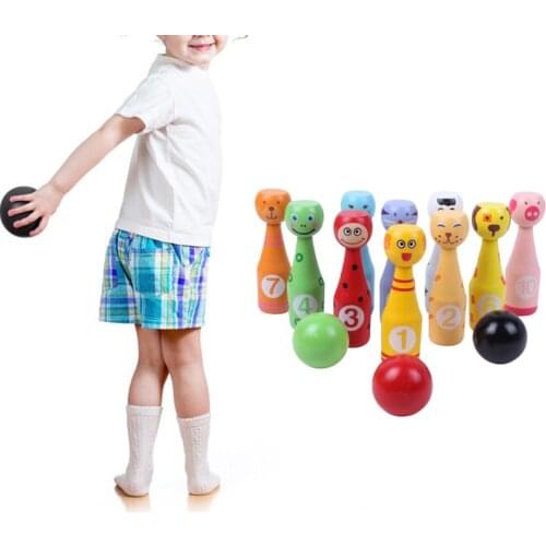 13pcs/set Wooden Bowling Set 10 Pins 3 Ball Animal Bowling Game for Children Drop Ship