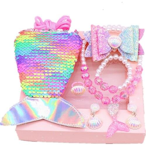 Girls Mermaid Accesories Princess Jewelry set Cosplay Arier Dress up Purse Necklace Bracelet Hair Clip Earring Shiny Purple Pink