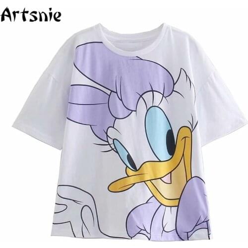 Artsnie Summer 2021 Disney Cartoon Print T Shirt Women O Neck Short Sleeve Tops Female Streetwear Casual White Knitted T-shirts