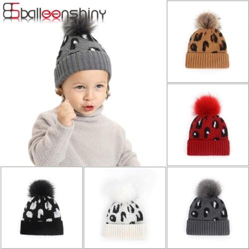 Balleenshiny Knitted Childrens Hooded Leopard Print Big Hair Ball Warm Baby Hat Knitted Boy/Girl Cotton Caps Child Kids Cap