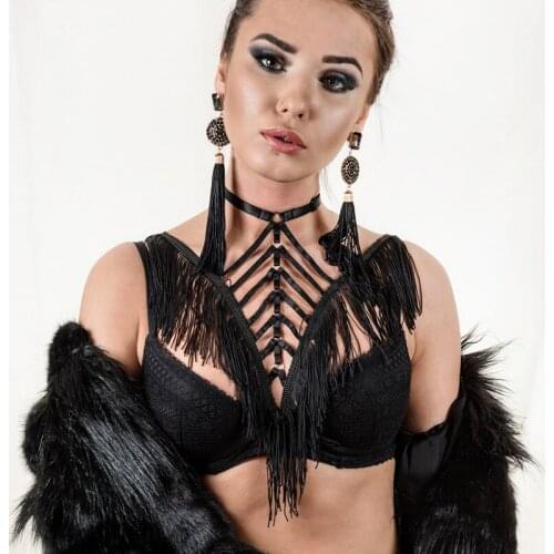 Black Tassels Body Harness Top Cage Bra Bondage Sexy Lingerie Goth Harajuku Belt Fetish Rave Wear Christmas gift Bondage Harness