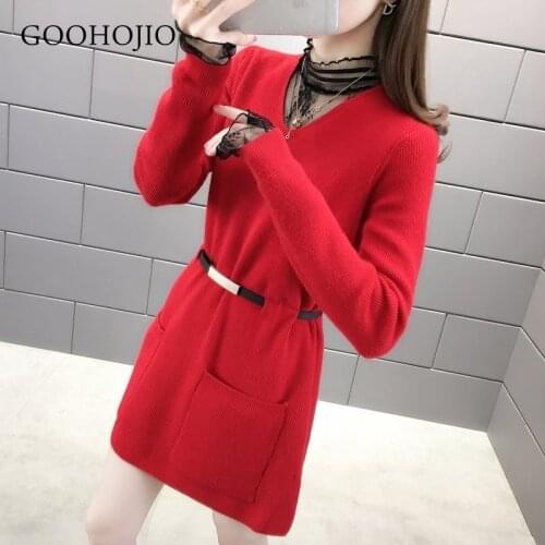 GOOHOJIO 2021 V-neck Long Sleeve Sweater Dress Women Autumn Winter Loose Tunic Knitted Casual Pink Gray Clothes Solid Dresses