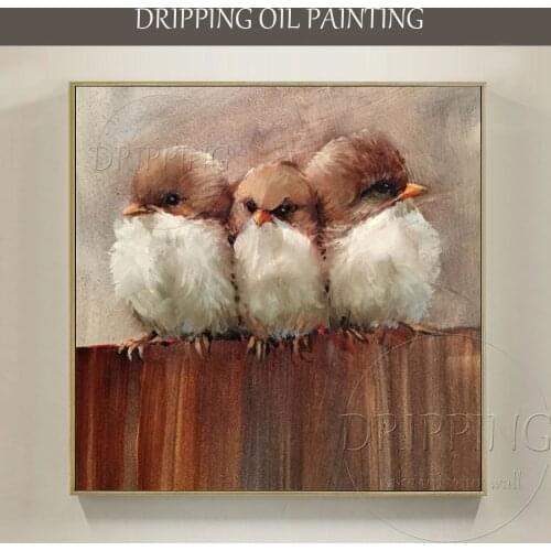 Artist Hand-painted 3 Birds Chickadees Oil Painting on Linen Canvas Cute Animal Bird Oil Painting for Friends Unique Gift