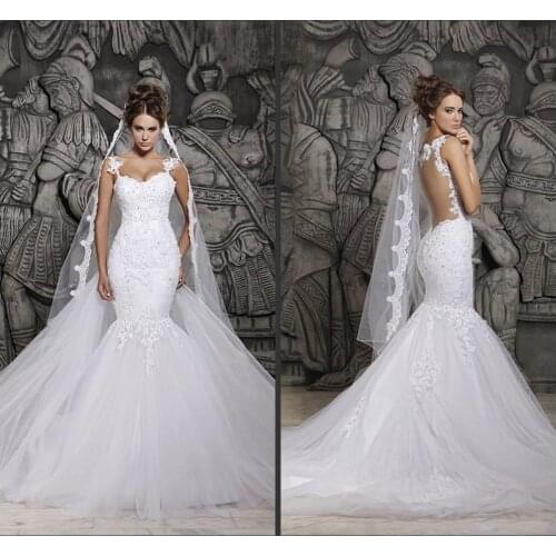 Custom Made 2023 Beautiful Court Train Illusion Transparent Back Beaded Lace Mermaid Spring Wedding Dresses Bridal Gowns