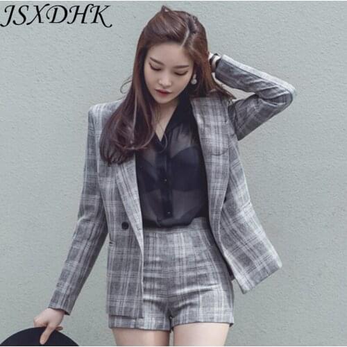 JSXDHK Business 2 Piece Set Autumn Women Formal Gray Plaid Long Sleeve Turn Down Office OL Blazer Coat + Mini Work Short Suits