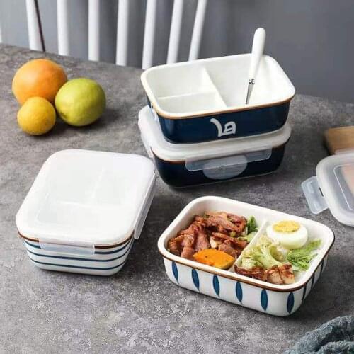Ceramic Lunch Box With Lid Three-Compartment For Kid School Women Separated Freshness Bowl