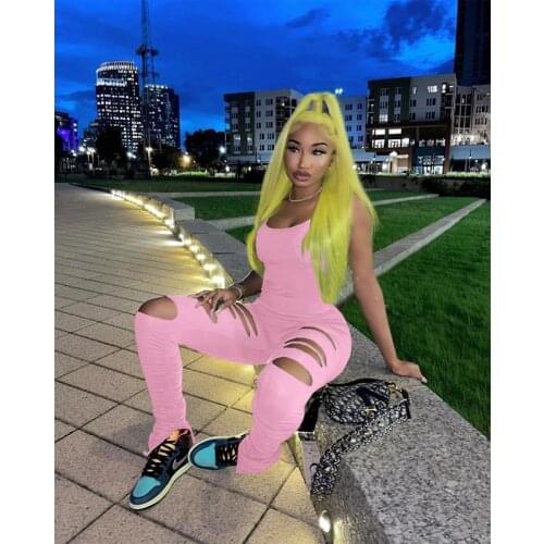 TNNAOFF Hole Stacked Bodycon Jumpsuit for Women Birthday Outfits Sexy Solid Sling Backless One Piece Streetwear Club Rompers