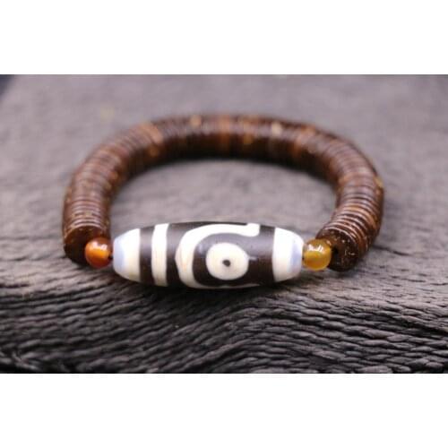 Royal Tibetan Old Agate 2 eye Love dZi Bead Stretchy Hand Knitted Bracelet