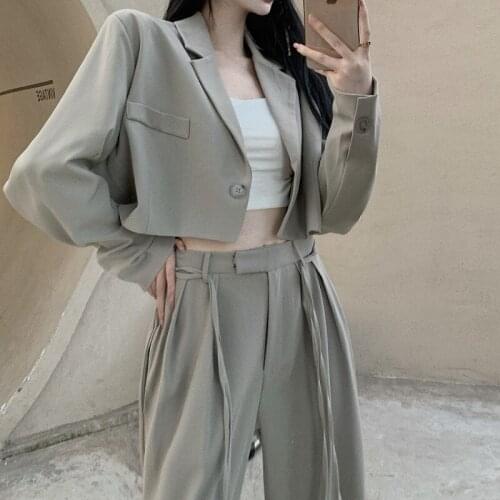 Gray Blazer Sets Korean Style Autumn Two Piece Set Women Short Suit Jacket Crop Top Streetwear Lace-up Long Pants Suits 2 Piece