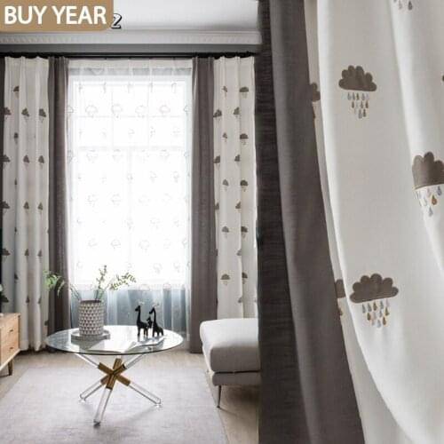 Little Rain Curtains for Living Dining Room Bedroom Cloud Cartoon Cotton and Linen Embroidered Curtains Semi-shading Childrens