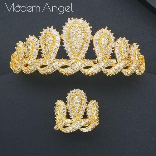 MoonTree Luxury Crown Luxury CZ Zircons Bangle Ring Set Wedding Bridal Dubai Jewelry Set for Women brincos para as mulheres