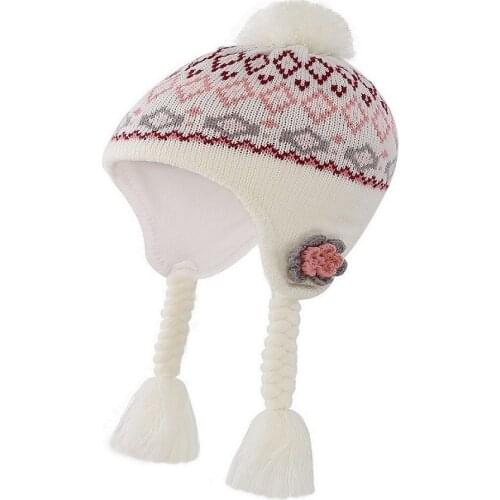 Connectyle New Cute Toddler Girls Warm Winter Skull Hats Fleece Lined Flower Knit Kids Earflaps Hat With Pom-Pom