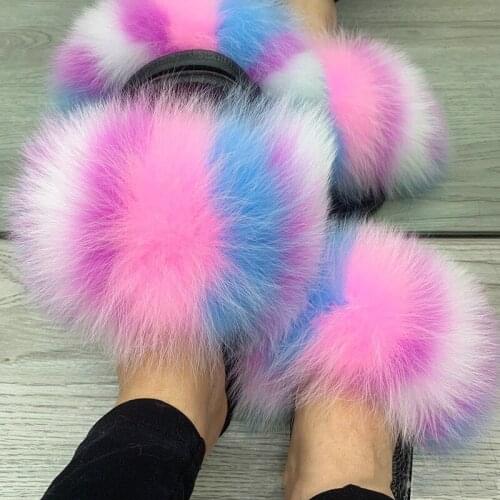 Women Fox Fur Slippers Ladies Fashion Sandals Female Fluffy Slides Girls Cute Plush Party Shoes Luxury Flip Flops Drop Shipping