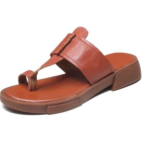 Brand Women Flats Slippers Summer Handmade Sewing Genuine Cow Leather Thong Flip Flops Low Heel Slingback Shoes Designer Slides