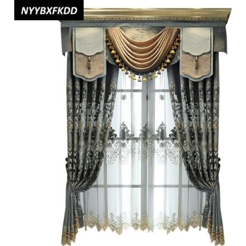 European Style Luxury Curtains for Living Room Bedroom Chenille Embroidered Window Curtain Fabric Tulle Valance Decoration