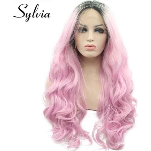 Sylvia Ombre Pink Wig With Dark Roots Synthetic Lace Front Wigs Heat Resistant Fiber Body Wave Hair For Women