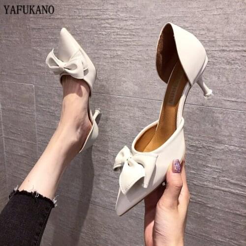 French Style Sexy Thin Heels High Heels Sweet Butterfly-Knot Mid Hollow Women Single Shoes Pointed Toe Elegant Party Dress Pumps
