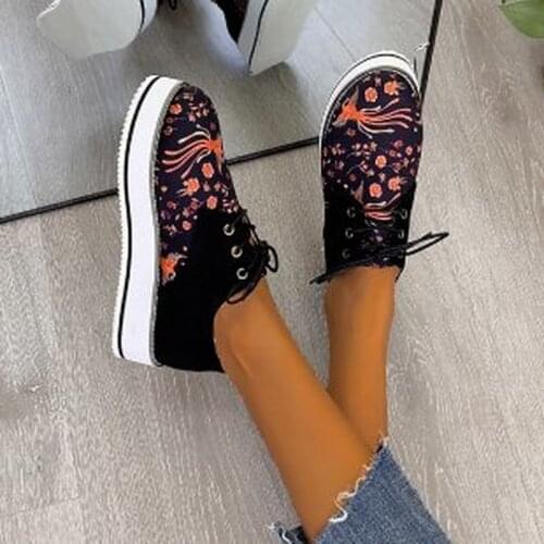 Fashion Women Lace Up Ladies Platform Comfortable Flats Casual Shoes PU Floral Embroidery Zapatos De Mujer