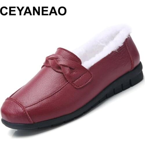 CEYANEAO New Winter Women Genuine Leather Shoes Women Flats Comfortable Mom Shoes Pleated Moccasins Cotton Shoes Mothers Shoes