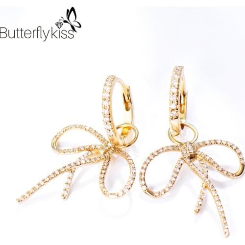 BK 18k Yellow Gold Bowknot Stud Earrings For Women Three Ways To Wear Genuine Gold 585 Diamond Pendants Wedding Luxury Jewelry