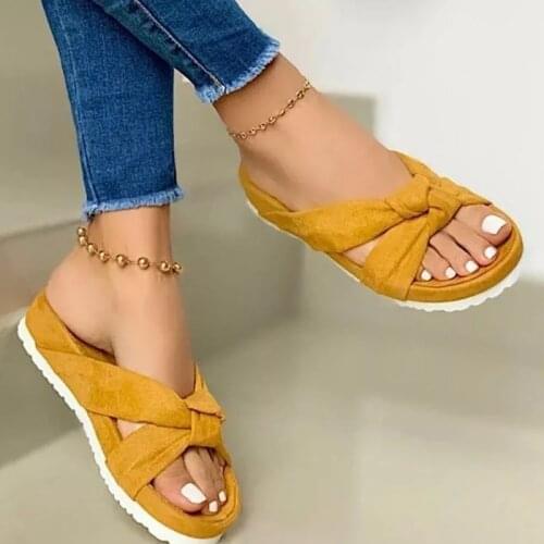 2021 Women Flock Knot Slippers Female Casual Open Toe Slides Ladies Summer Platform Flat Womens Comfortable Shoes Plus Size