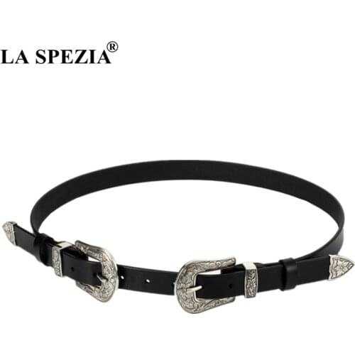 LA SPEZIA Real Leather Belt Women Double Buckle Waist Belt Ladies Black Metal Genuine Cow Leather Fashion Female Pin Belt Jeans
