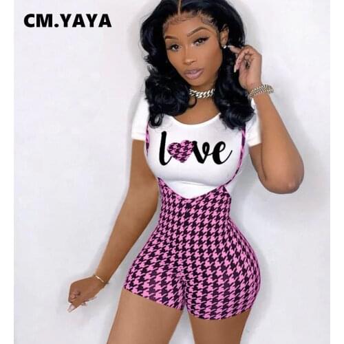 CM.YAYA Women Set Print Short Sleeve Tops Sheath Elastic Short Bodycon Overalls 2 Piece Set Summer Tracksuit Casual Outfit 2021