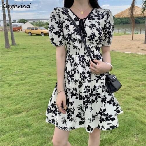 Floral Mini Dress Women Short Puff Sleeve V-neck Girls Harajuku Slim Aesthetic French Style Vestido Lace-up Oversize S-XXL Chic