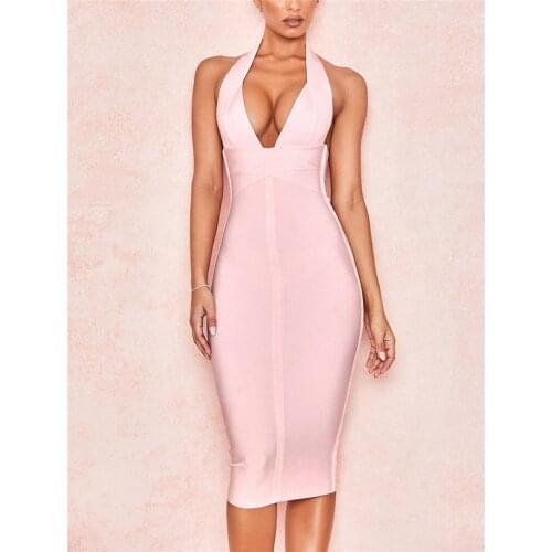 High Quality 8 Color Halter V-Neck Sleeveless Backless Over Knee Womens Bandage Dress Evening Party Dress