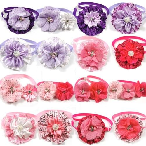 50/100pcs Valentines Day Pet Dog Flowers BowTies with Shiny Rhinestones Pet Neckties Bows for Small Dog Pet Grooming Supplies