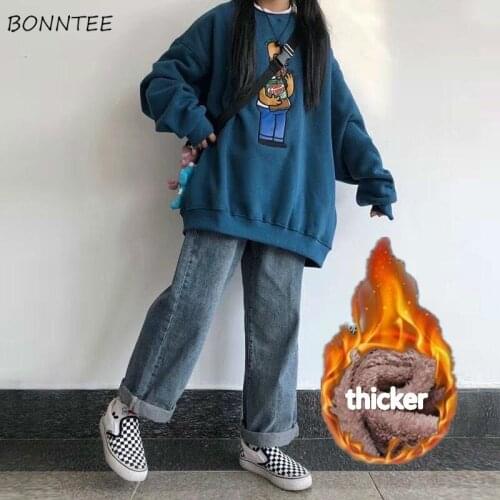 Jeans Women Daily Vintage All-match Ulzzang Autumn Winter Baggy Pocket Full Length Straight Plus Velvet Thicker College Ins Warm