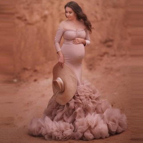 Elegant Off Shoulder Mermaid Tulle Dresses Women Maternity Fluffy Tulle Dress Custom Made Women Ruffled Dress Plus Size