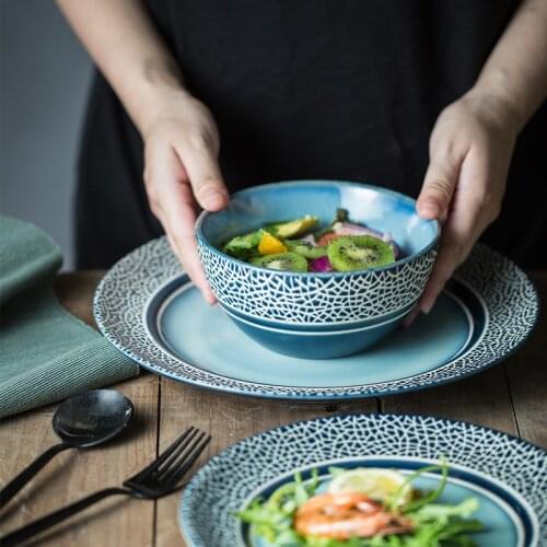 FANCITY Creative American Ceramic Large Plate Elegant Blue Salad Bowl Steak Plate Snack Plate Western Food Plate Fruit Plate