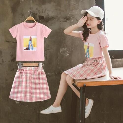 Kids Clothes print Tshirt + Plaid Skirt Clothing For Girls 2021 Summer Clothes Girl Teenage Tracksuit Kids 6 8 10 12