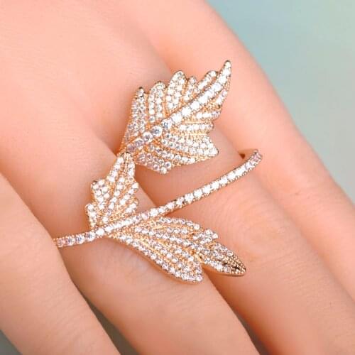 India Luxury Leaves Zircon Double Finger Rings For Women Big Wide Two Dedo Aros Wedding Bridal Bague Couple Oro Anillo Joyas