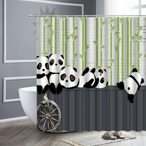 Chinese Panda Shower Curtains Flowers Bamboo Cute Cartoon Pattern Childrens Bathroom Curtain Fabric Home Decor Bath Screen Gift
