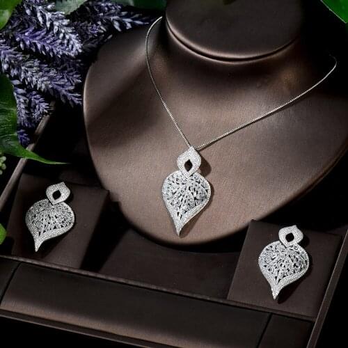 HIBRIDE 2pcs Charm Leaf Shape Women Jewelry Sets Shiny Cubic Zircon Wedding Party Dress Accessories pendientes mujer moda N-1686